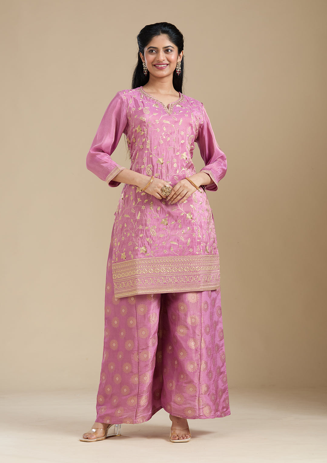 Dark Onion Pink Pitawork Tissue Readymade Salwar Suit