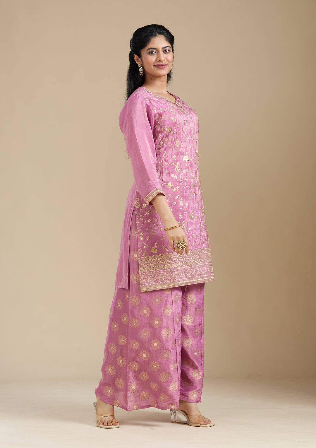 Dark Onion Pink Pitawork Tissue Readymade Salwar Suit