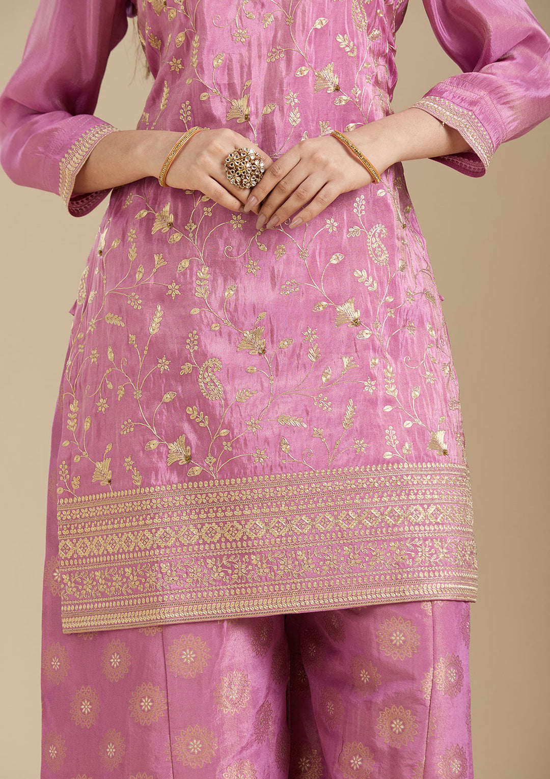 Dark Onion Pink Pitawork Tissue Readymade Salwar Suit