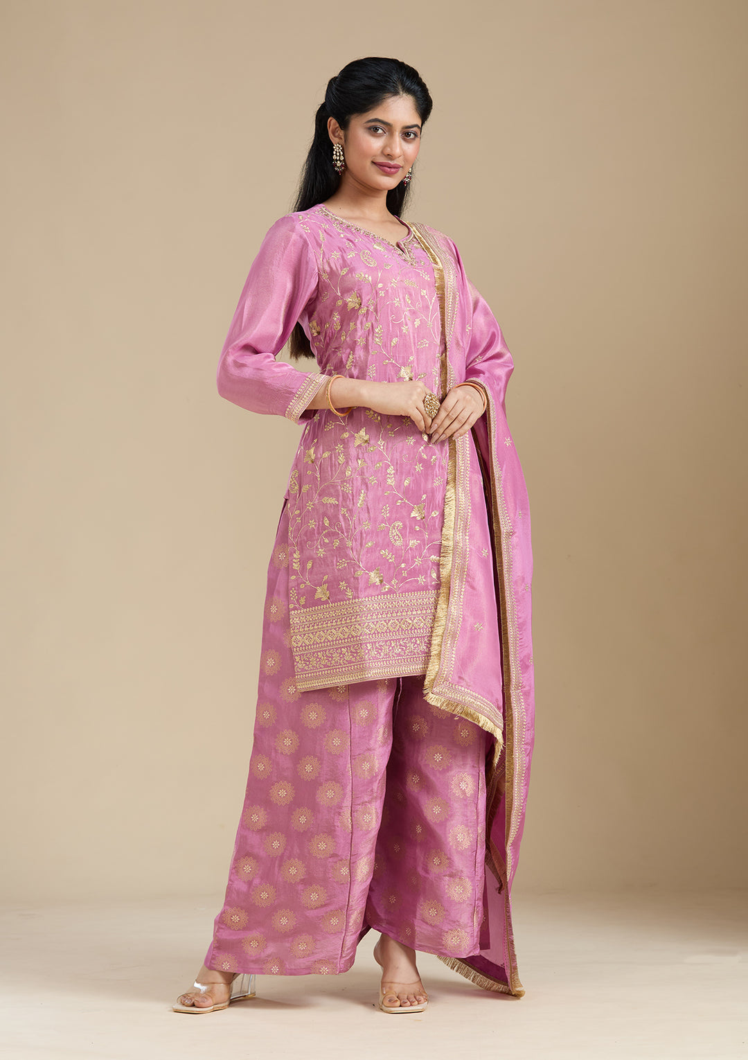 Dark Onion Pink Pitawork Tissue Readymade Salwar Suit