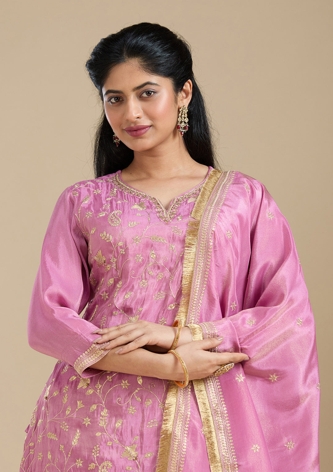 Dark Onion Pink Pitawork Tissue Readymade Salwar Suit