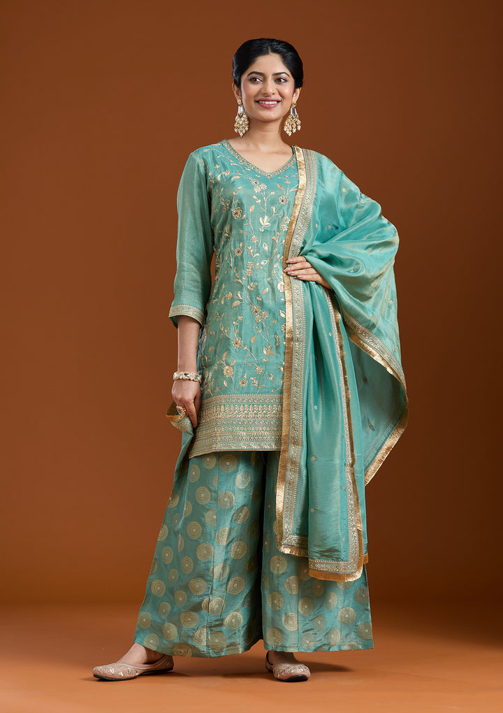 Sea Green Pitawork Tissue Readymade Salwar Suit