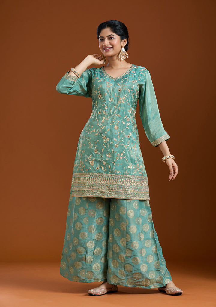 Sea Green Pitawork Tissue Readymade Salwar Suit