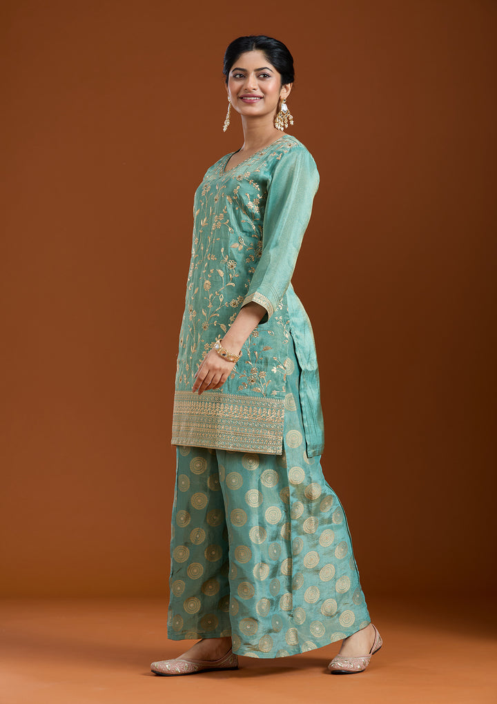 Sea Green Pitawork Tissue Readymade Salwar Suit