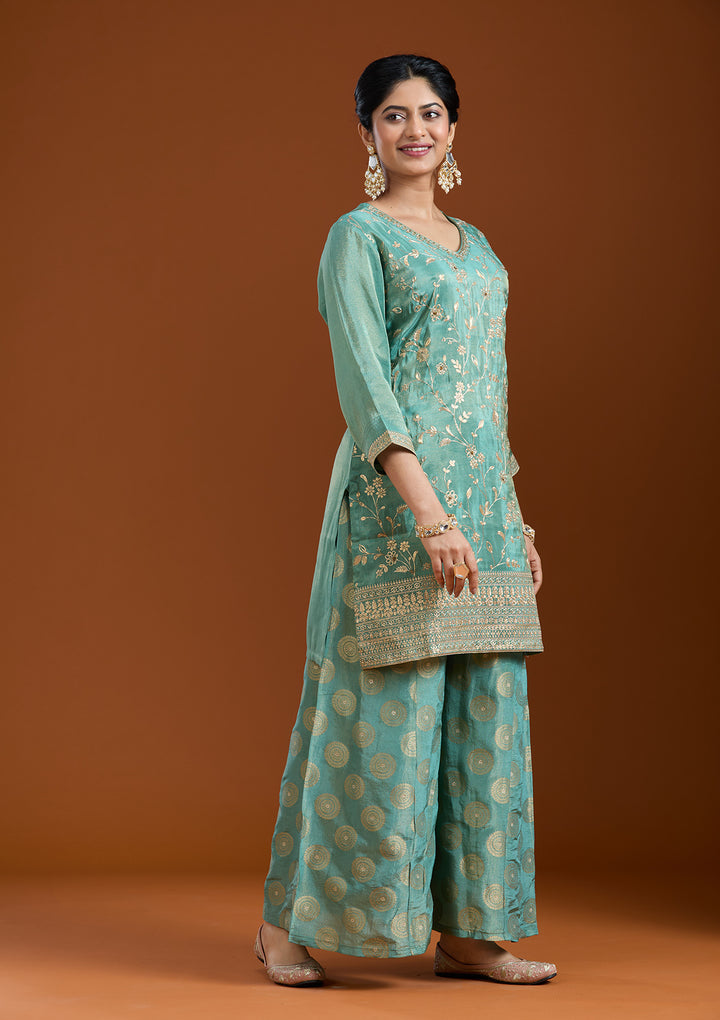 Sea Green Pitawork Tissue Readymade Salwar Suit