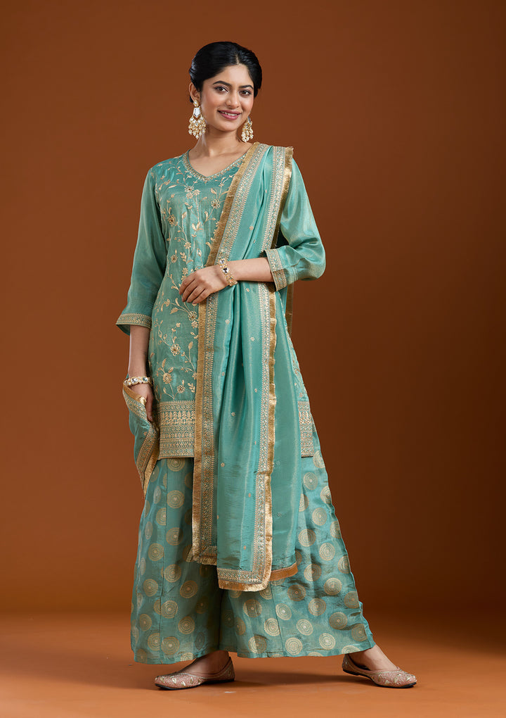 Sea Green Pitawork Tissue Readymade Salwar Suit