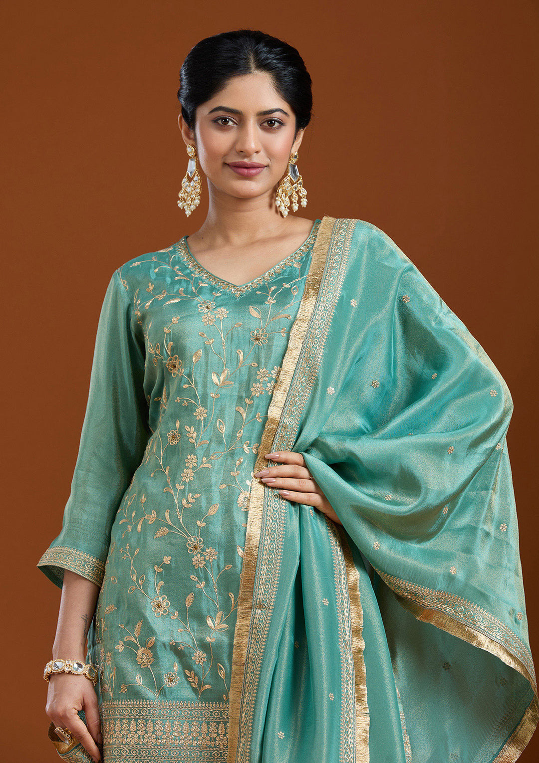 Sea Green Pitawork Tissue Readymade Salwar Suit