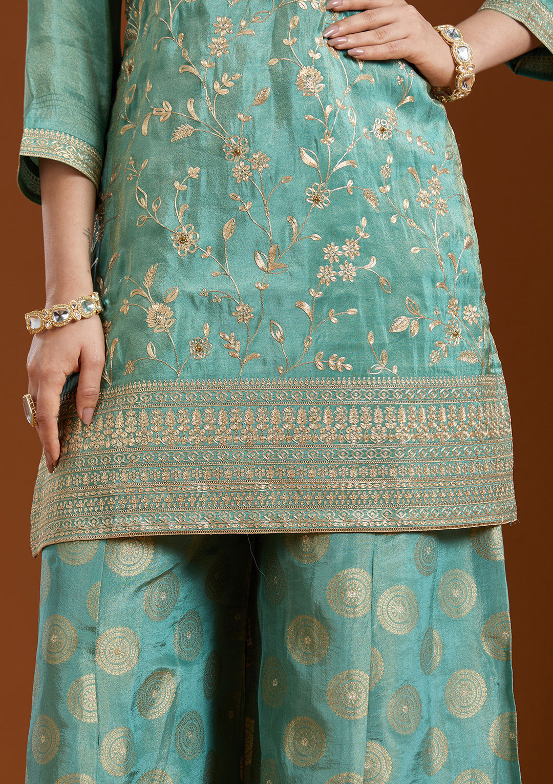 Sea Green Pitawork Tissue Readymade Salwar Suit