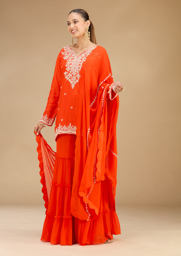 Rust Georgette Pearlwork Straight Kurta With Sharara And Dupatta