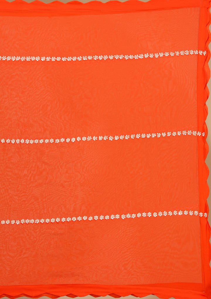 Rust Georgette Pearlwork Straight Kurta With Sharara And Dupatta