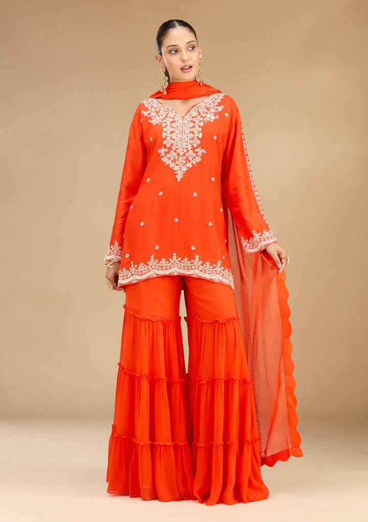 Rust Georgette Pearlwork Straight Kurta With Sharara And Dupatta