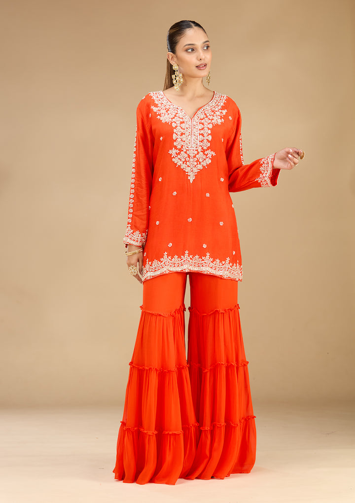 Rust Georgette Pearlwork Straight Kurta With Sharara And Dupatta