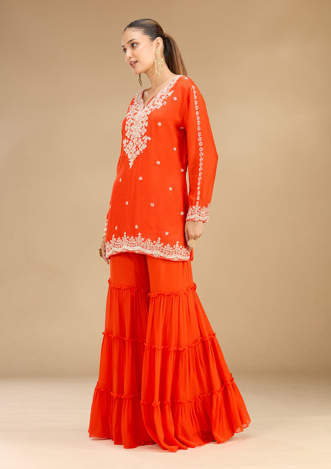 Rust Georgette Pearlwork Straight Kurta With Sharara And Dupatta