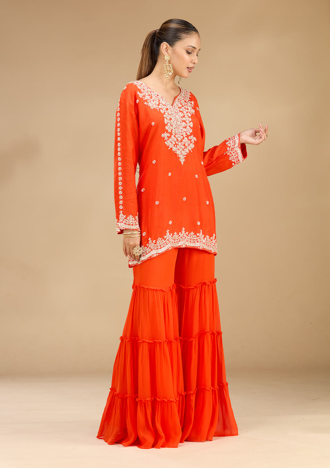 Rust Georgette Pearlwork Straight Kurta With Sharara And Dupatta