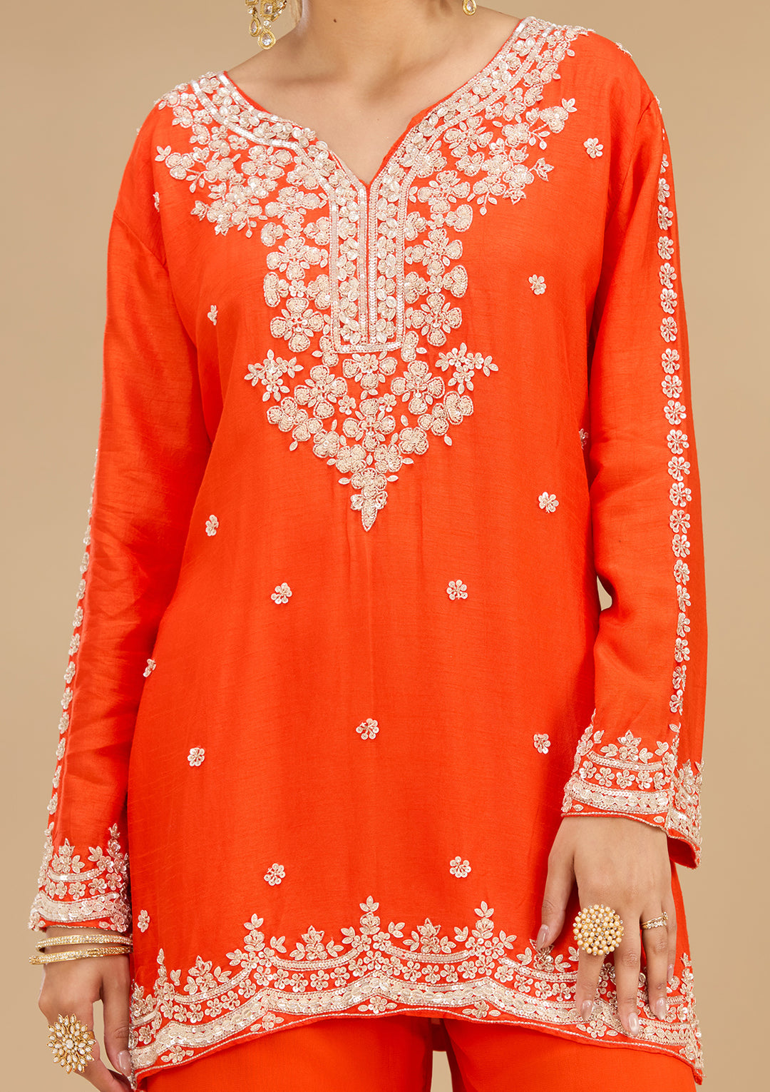 Rust Georgette Pearlwork Straight Kurta With Sharara And Dupatta