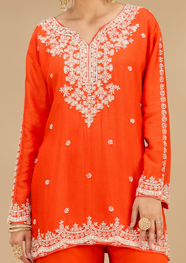Rust Georgette Pearlwork Straight Kurta With Sharara And Dupatta