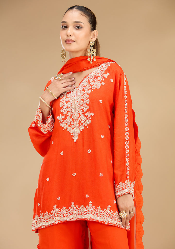 Rust Georgette Pearlwork Straight Kurta With Sharara And Dupatta