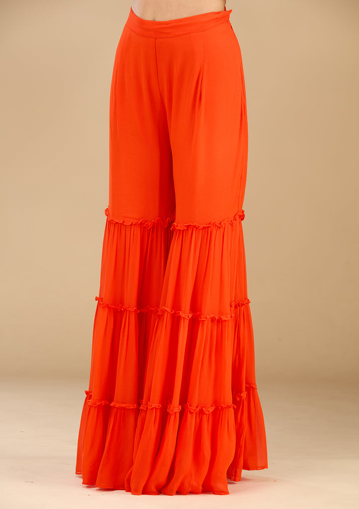 Rust Georgette Pearlwork Straight Kurta With Sharara And Dupatta