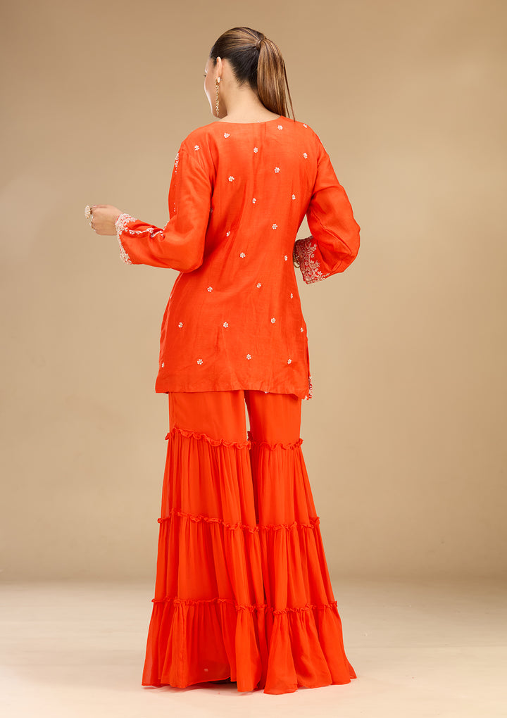 Rust Georgette Pearlwork Straight Kurta With Sharara And Dupatta