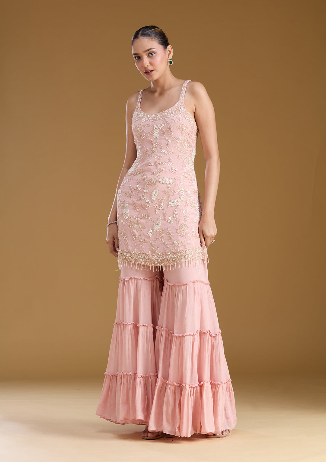 Pink Threadwork Crepe Readymade Salwar Suit