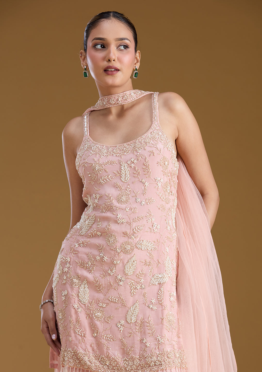 Pink Threadwork Crepe Readymade Salwar Suit