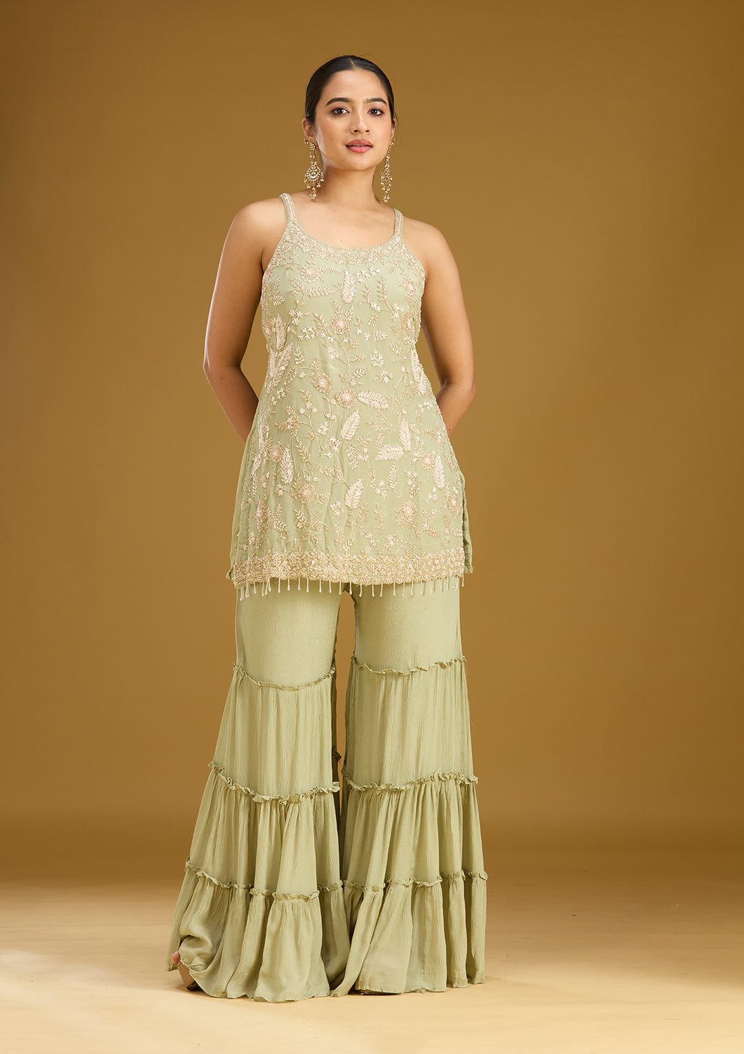 Pista Green Threadwork Crepe Readymade Salwar Suit