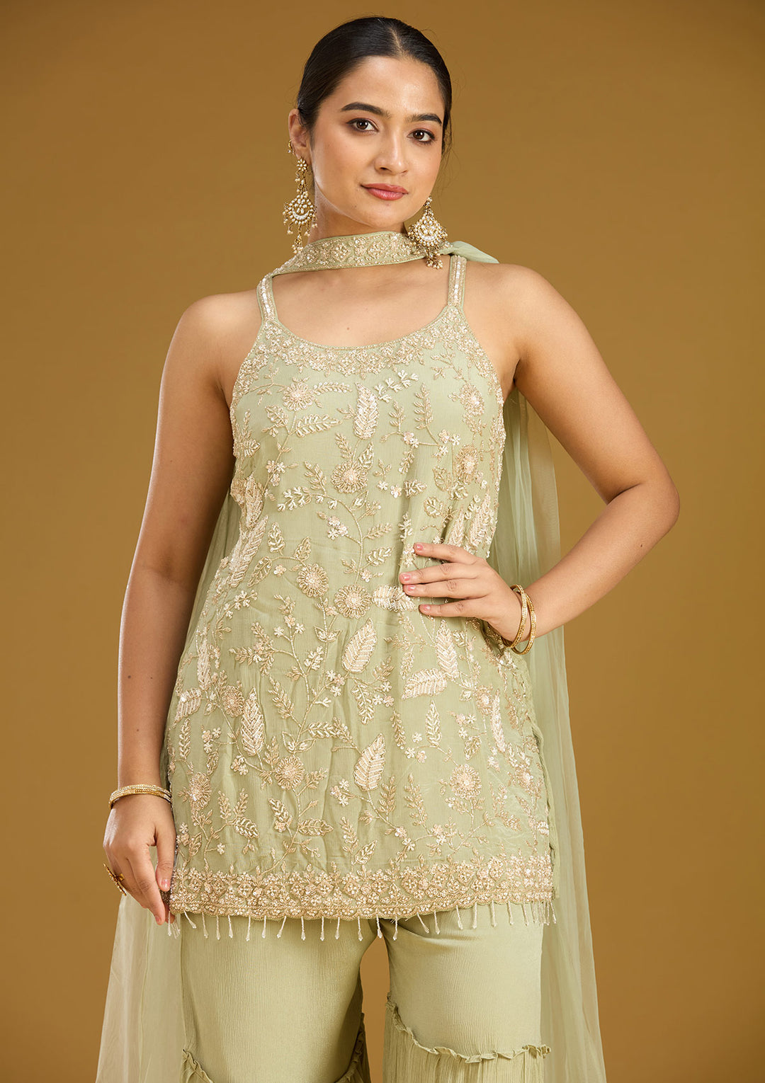 Pista Green Threadwork Crepe Readymade Salwar Suit