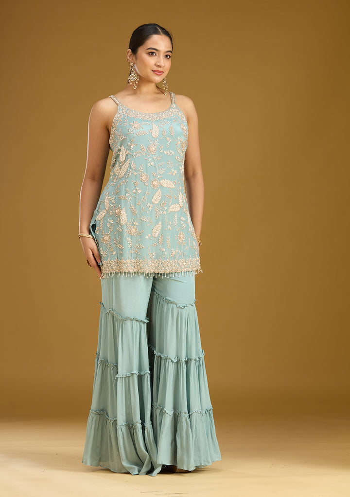 Sea Green Threadwork Crepe Readymade Salwar Suit
