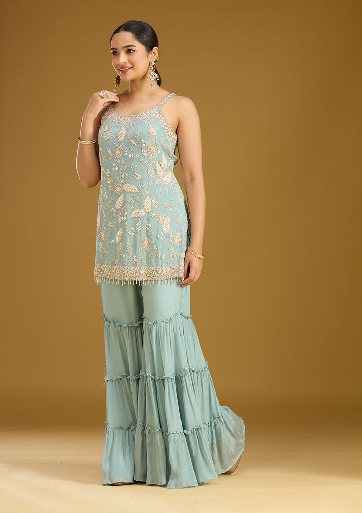 Sea Green Threadwork Crepe Readymade Salwar Suit