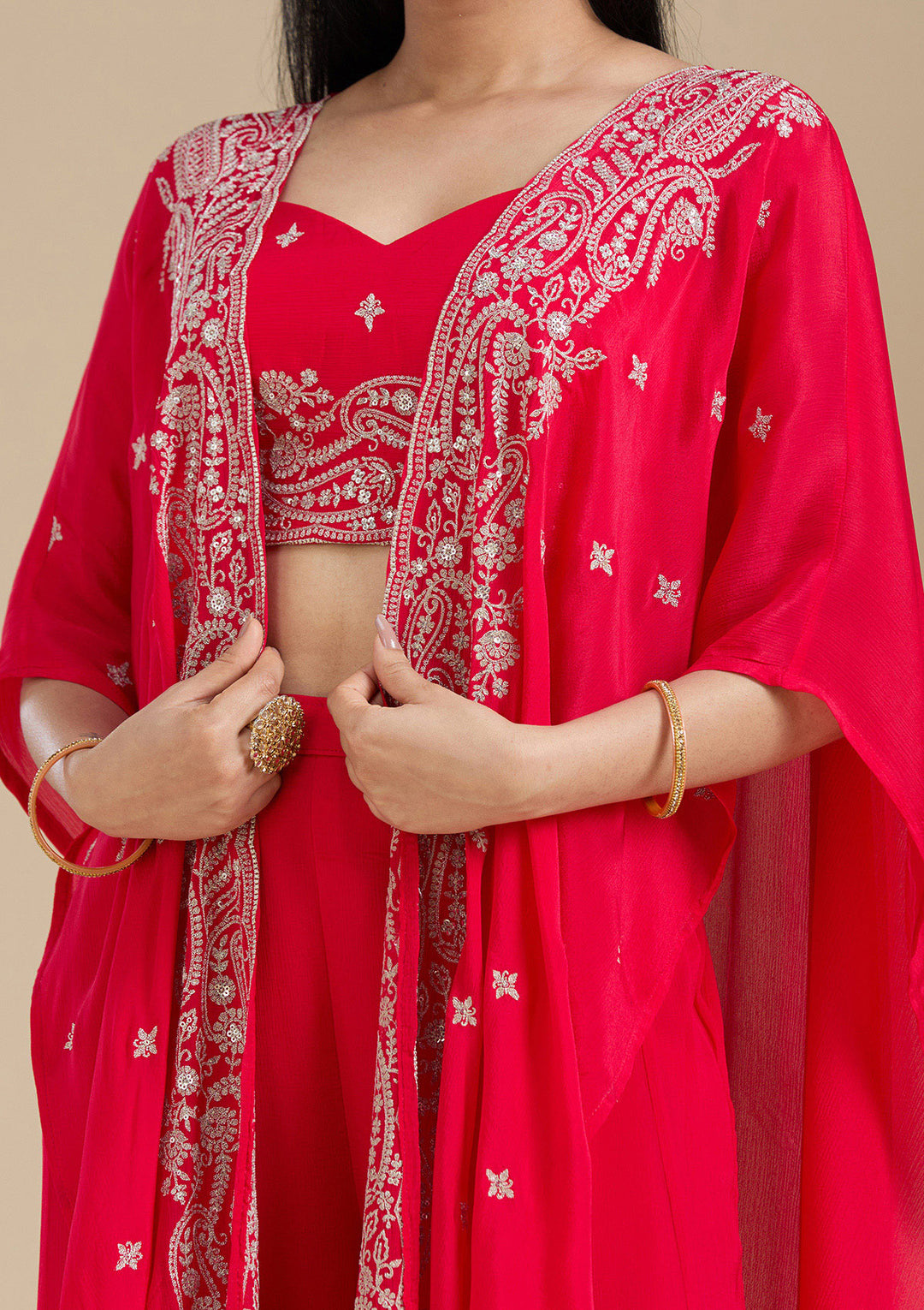 Rani Pink Zariwork (Gold) Chiffon Readymade Salwar Suit