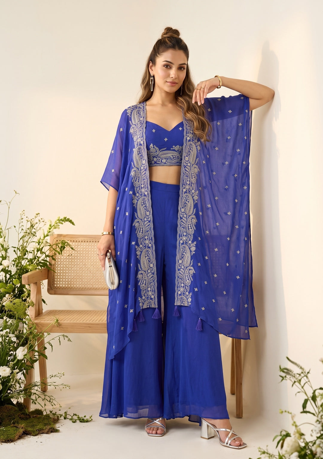 Royal Blue Zariwork (Gold) Chiffon Readymade Salwar Suit