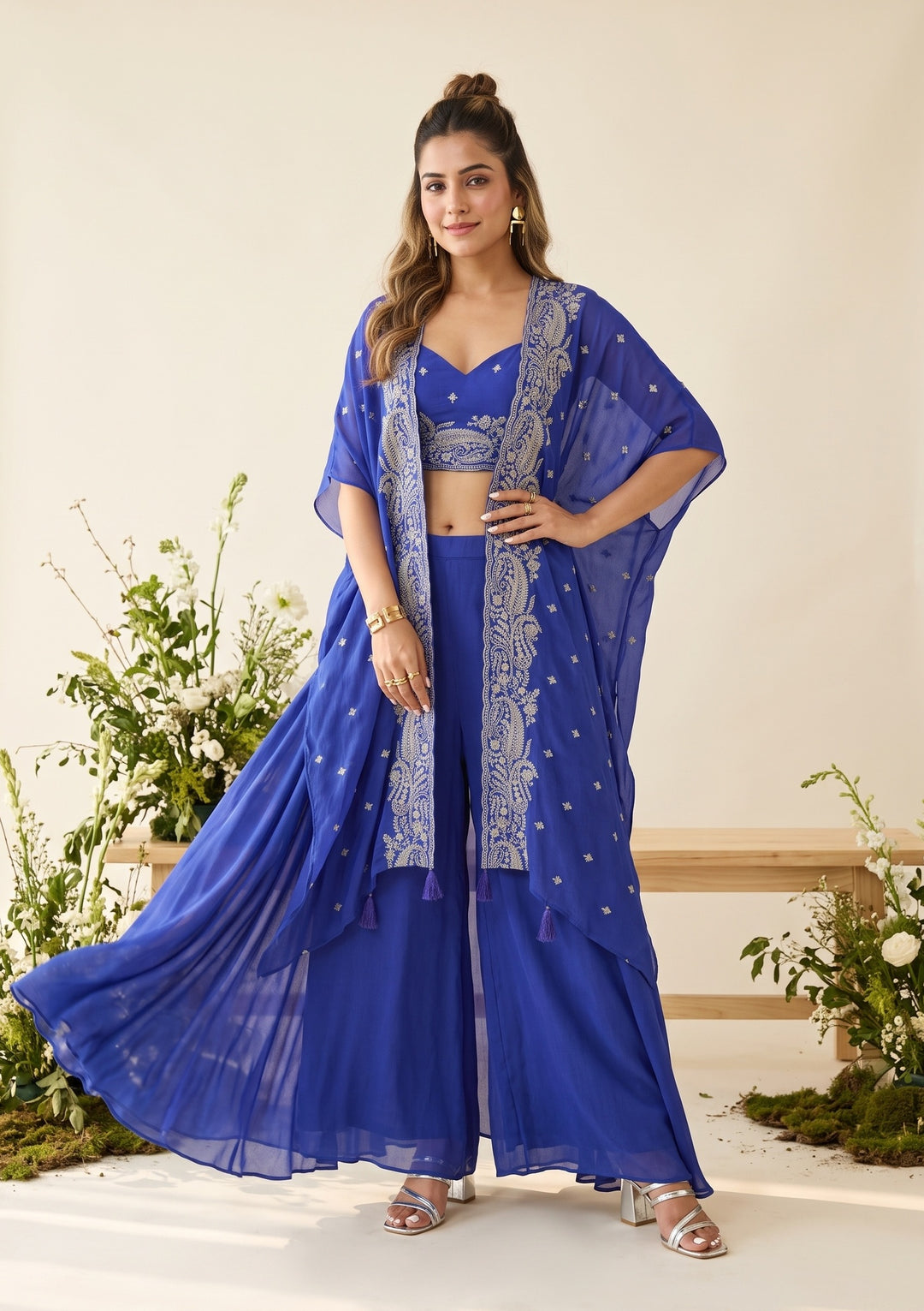 Royal Blue Zariwork (Gold) Chiffon Readymade Salwar Suit