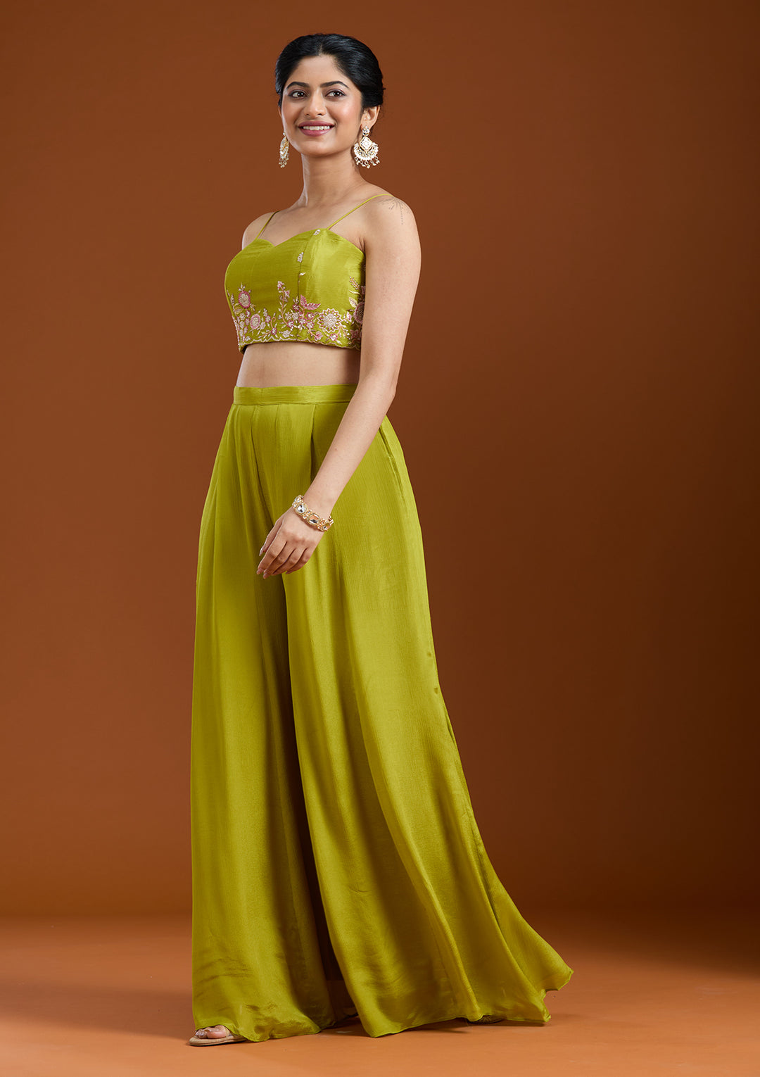 Mehandi Green Threadwork Chiffon Readymade Salwar Suit