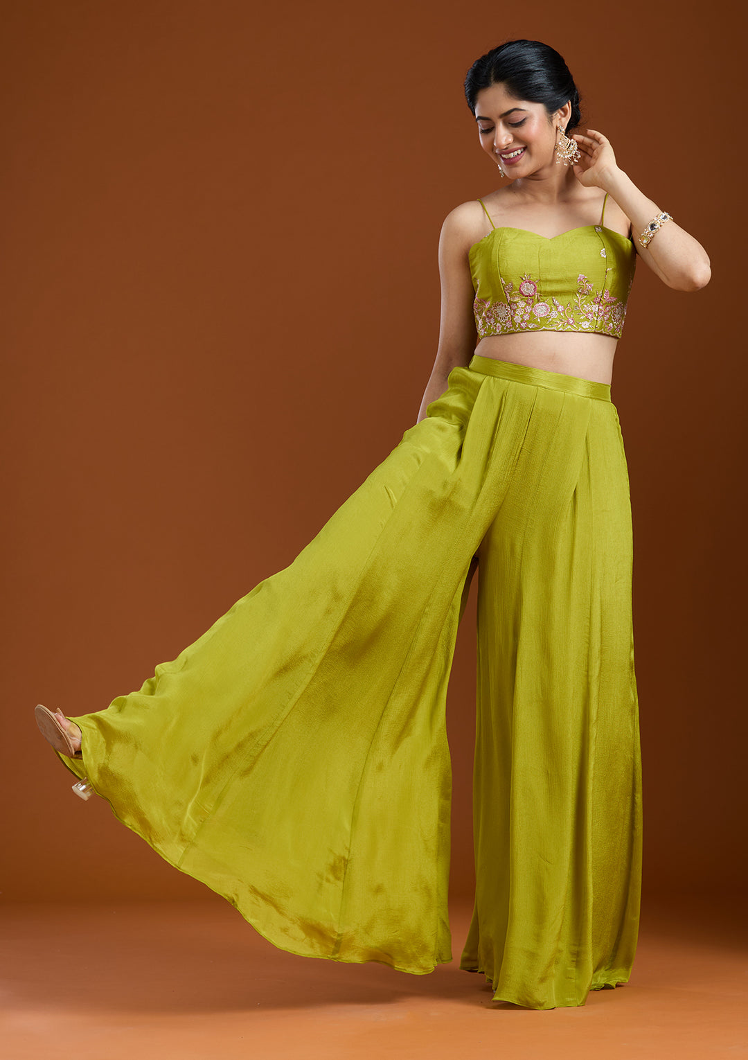 Mehandi Green Threadwork Chiffon Readymade Salwar Suit