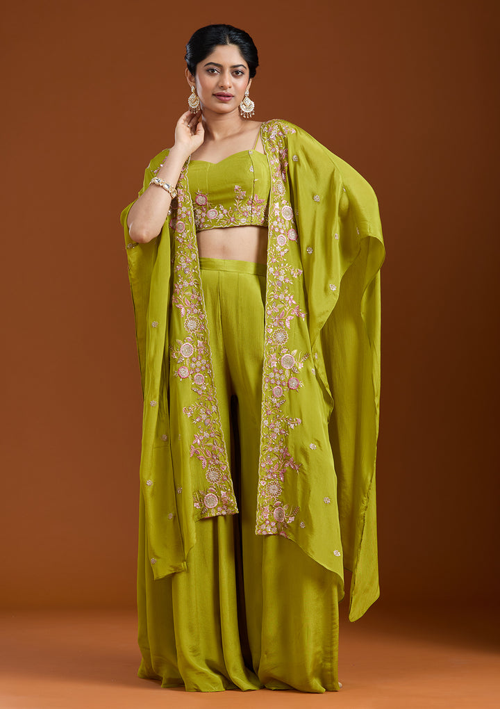 Mehandi Green Threadwork Chiffon Readymade Salwar Suit
