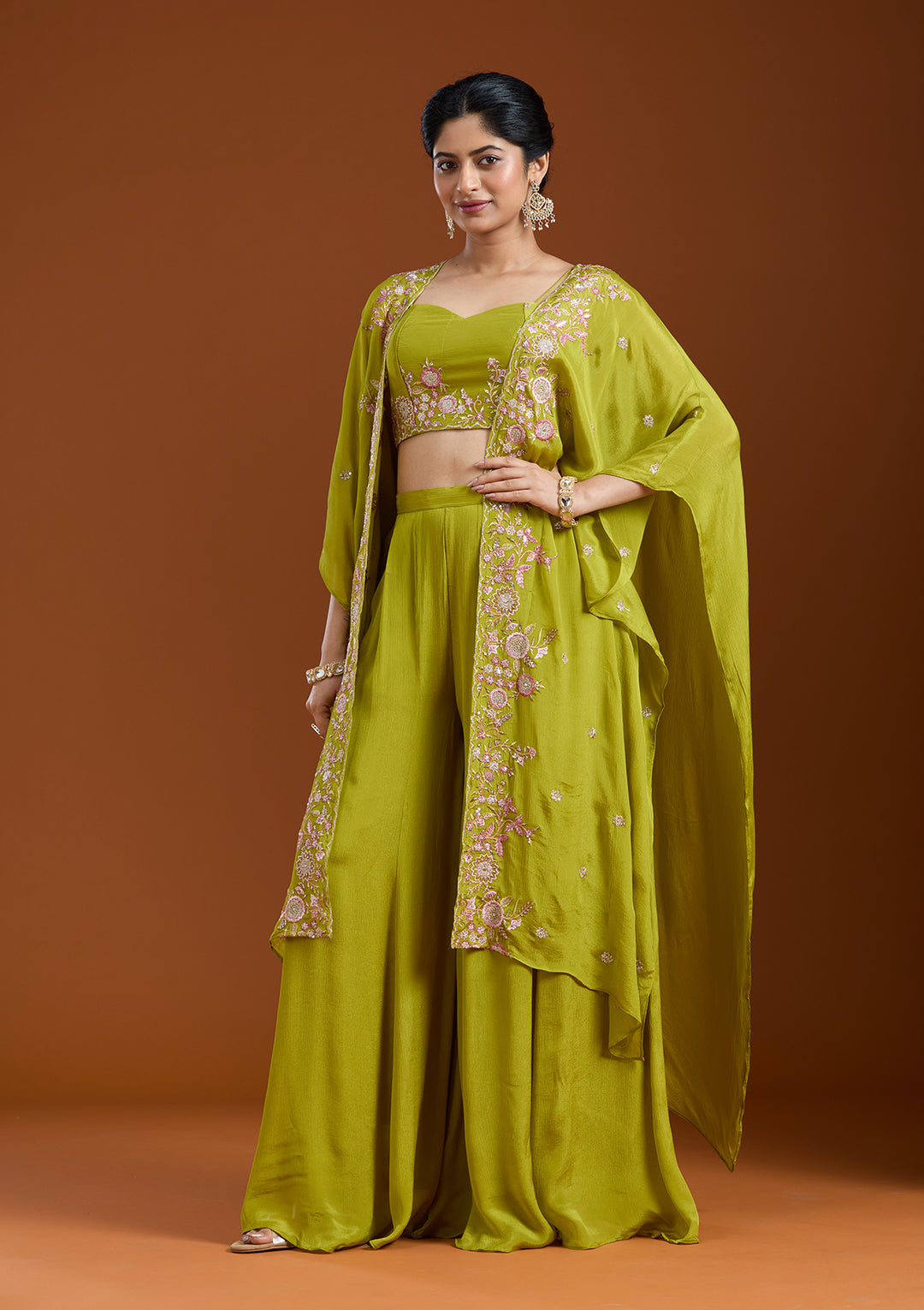 Mehandi Green Threadwork Chiffon Readymade Salwar Suit