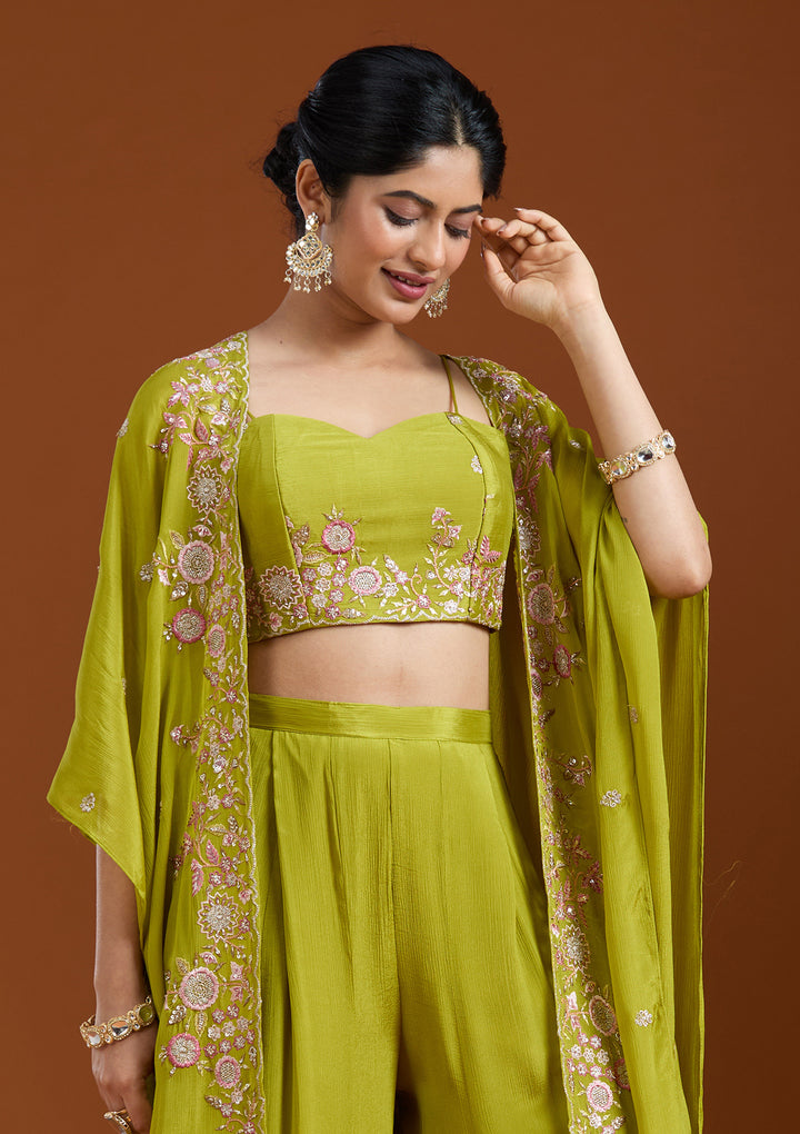Mehandi Green Threadwork Chiffon Readymade Salwar Suit