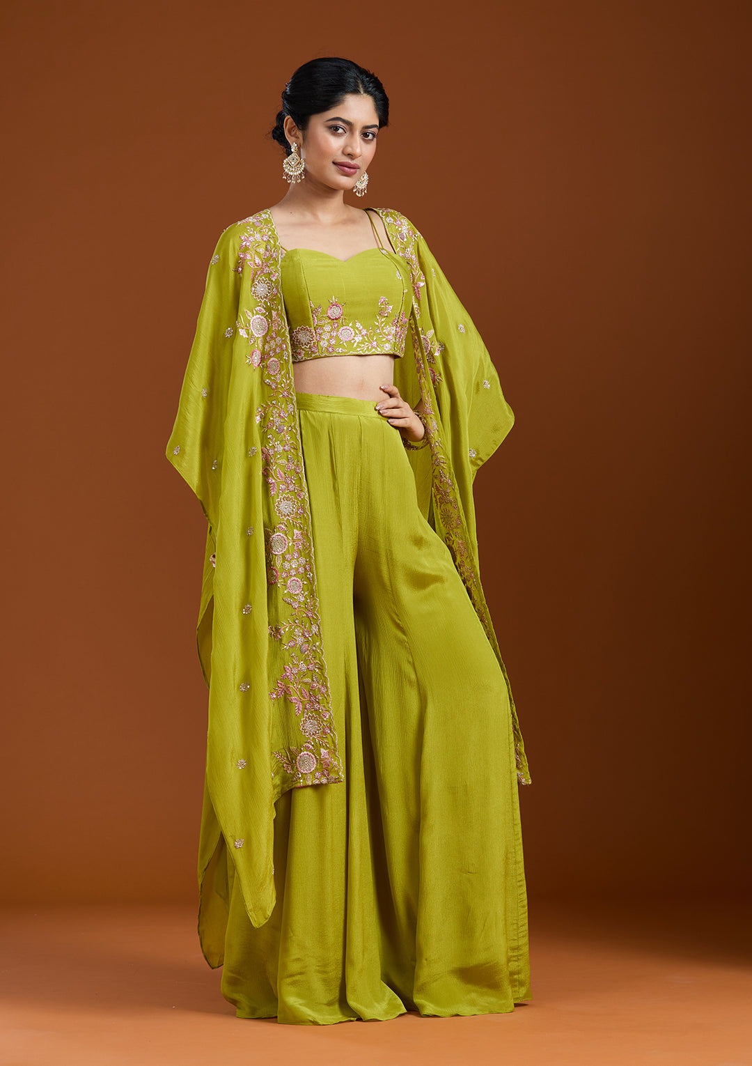 Mehandi Green Threadwork Chiffon Readymade Salwar Suit