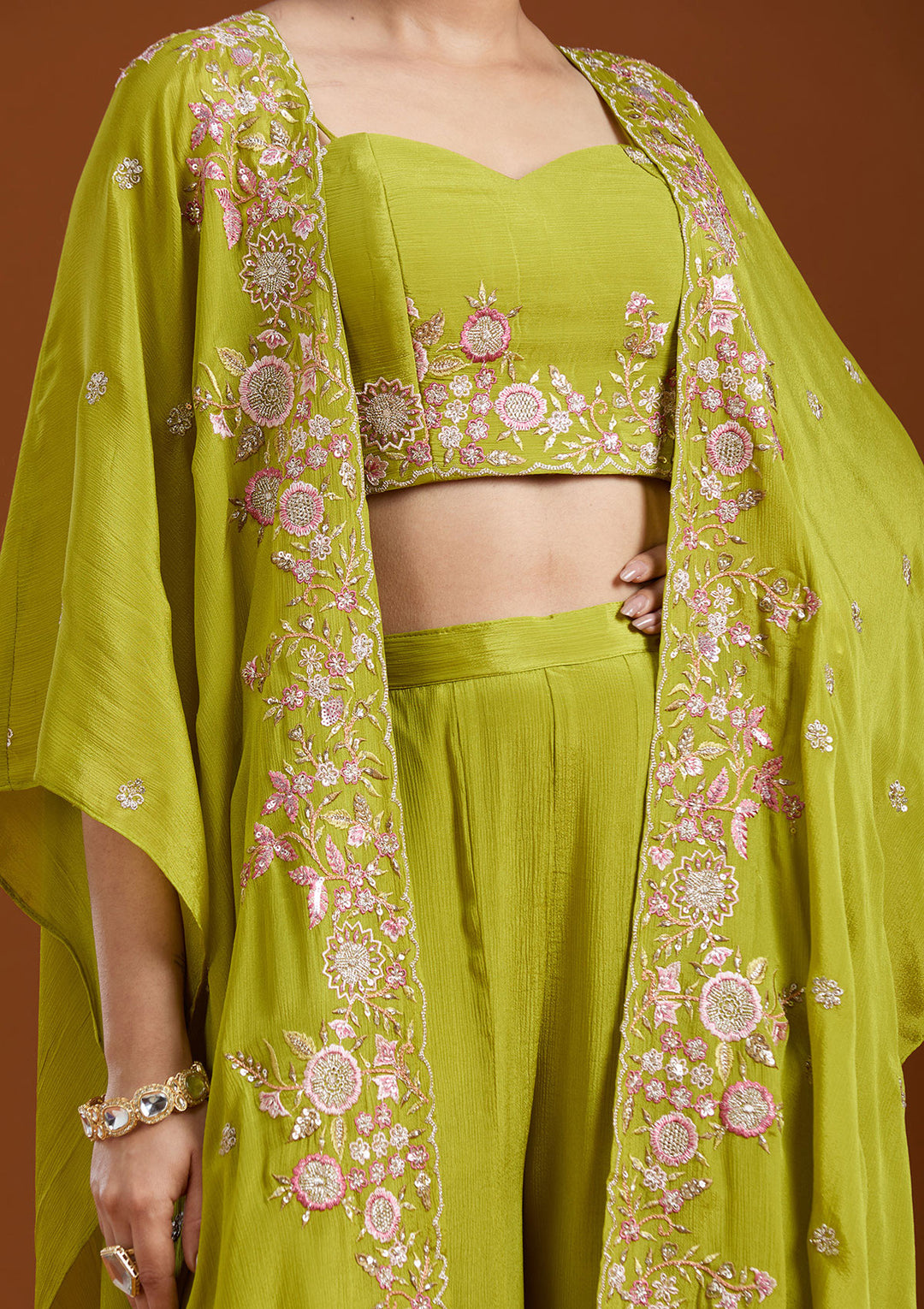 Mehandi Green Threadwork Chiffon Readymade Salwar Suit
