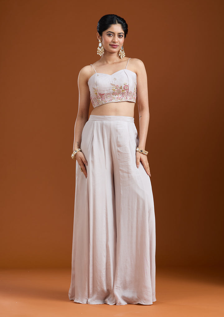 Off White Chinon Threadwork Jacket Kurta With Palazzo And Dupatta