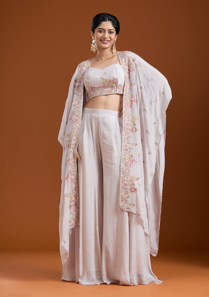 Off White Chinon Threadwork Jacket Kurta With Palazzo And Dupatta