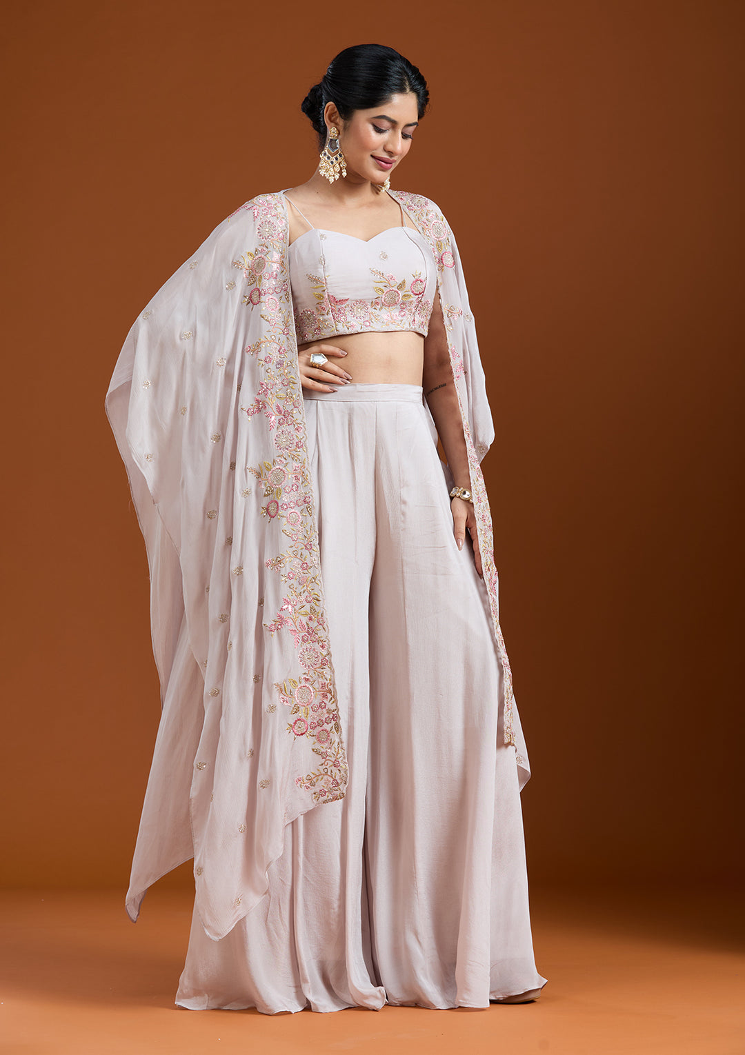 Off White Chinon Threadwork Jacket Kurta With Palazzo And Dupatta