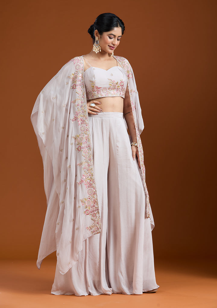 Off White Chinon Threadwork Jacket Kurta With Palazzo And Dupatta