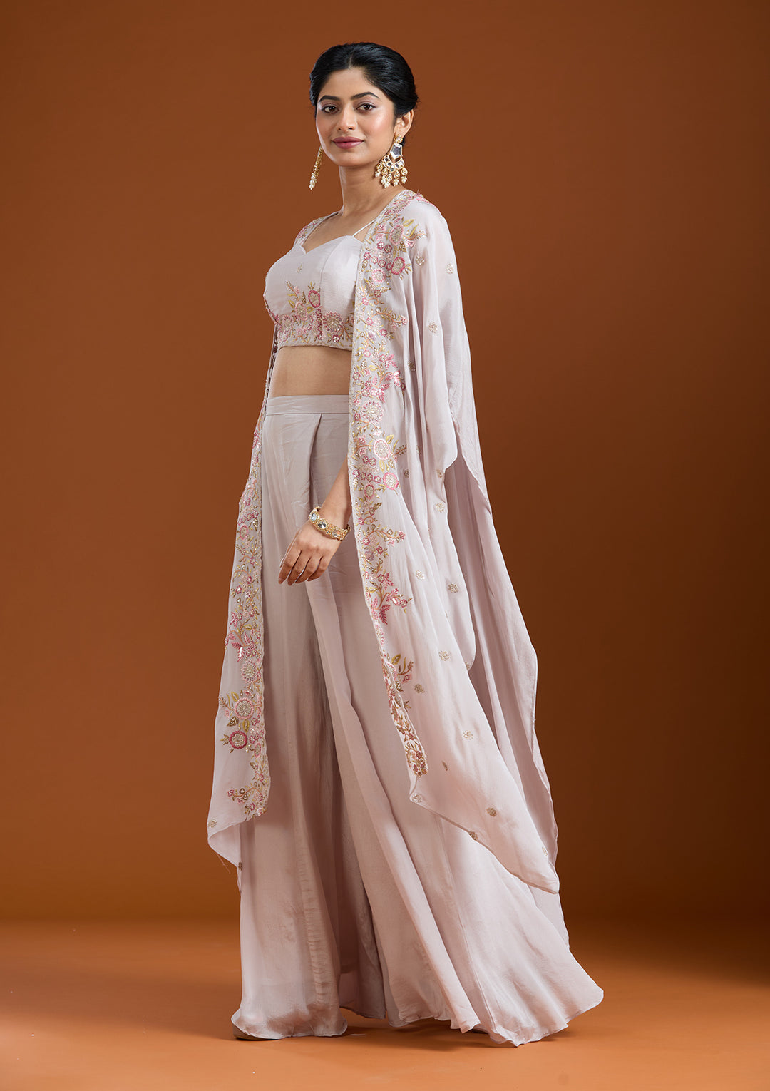 Off White Chinon Threadwork Jacket Kurta With Palazzo And Dupatta
