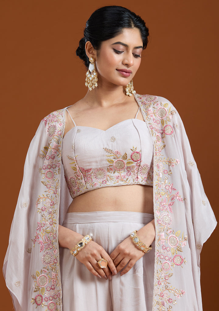 Off White Chinon Threadwork Jacket Kurta With Palazzo And Dupatta