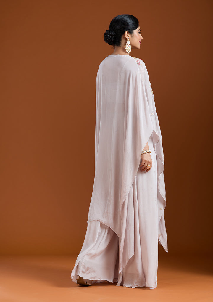 Off White Chinon Threadwork Jacket Kurta With Palazzo And Dupatta