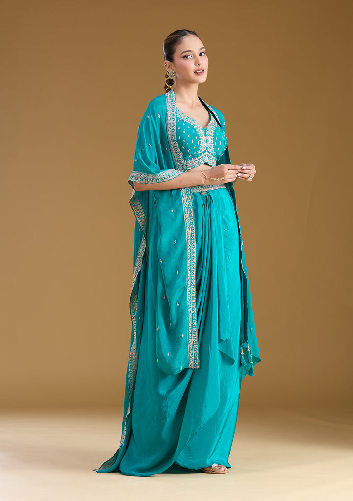 Turquoise Blue Zariwork (Gold) Chiffon Readymade Salwar Suit