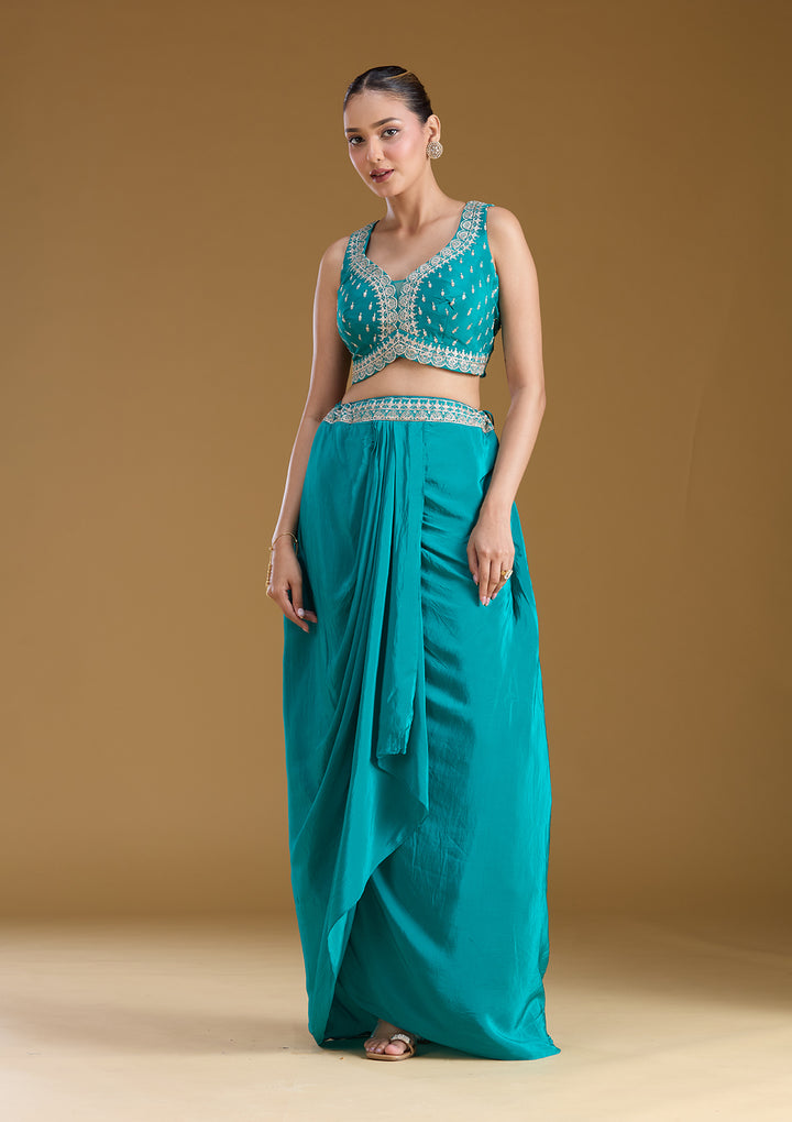 Turquoise Blue Zariwork (Gold) Chiffon Readymade Salwar Suit