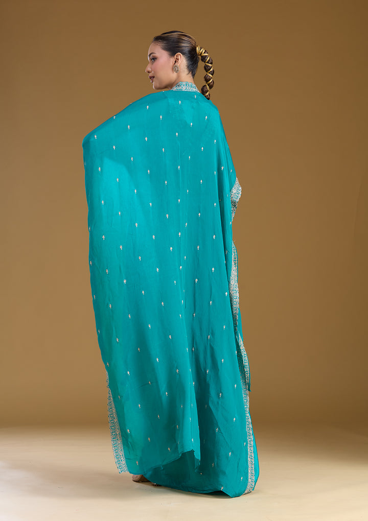 Turquoise Blue Zariwork (Gold) Chiffon Readymade Salwar Suit