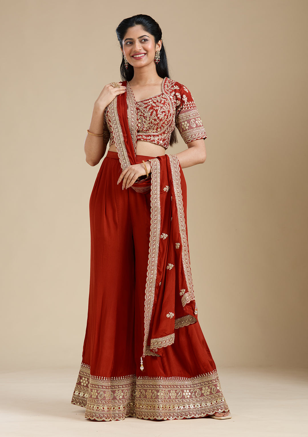 Rust Zariwork (Gold) Chiffon Readymade Salwar Suit